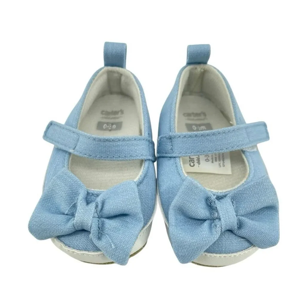Carter’s Baby Girl Blue Bow Mary Jane Crib Shoes Soft Sole Newborn 0-3M